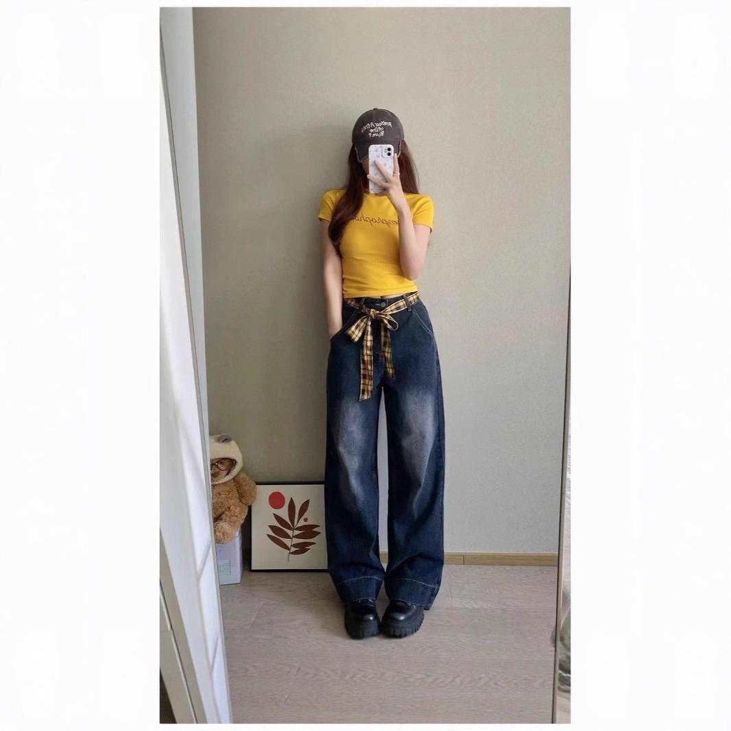 Women s High Waist Retro Plaid Patchwork Lace-up Wide Leg Jeans Large