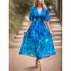 Summer Casual Boho Floral Print Midi Dress Women V Neck Short Sleeve Holiday Long Dress Fashion
