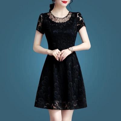 Vestidos Femininos de Verão com Manga Curta e Gola Redonda Elegantes de Corte A Liso Renda Vazada Mini Vestido