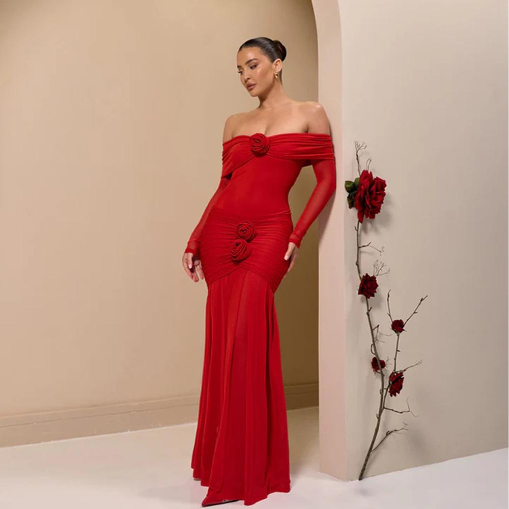 

Autumn new European and American women s clothing fashion temperament solid color pleated slim-fitting long-sleeved one-word shoulder dress S