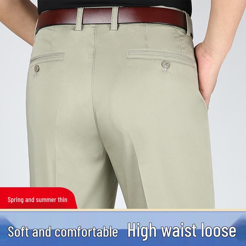 Men's High Waist Straight Leg Cotton Pants - Summer Casual, Solid Color, Middle-Aged, Loose Fit, Deep Crotch, Dad Trousers