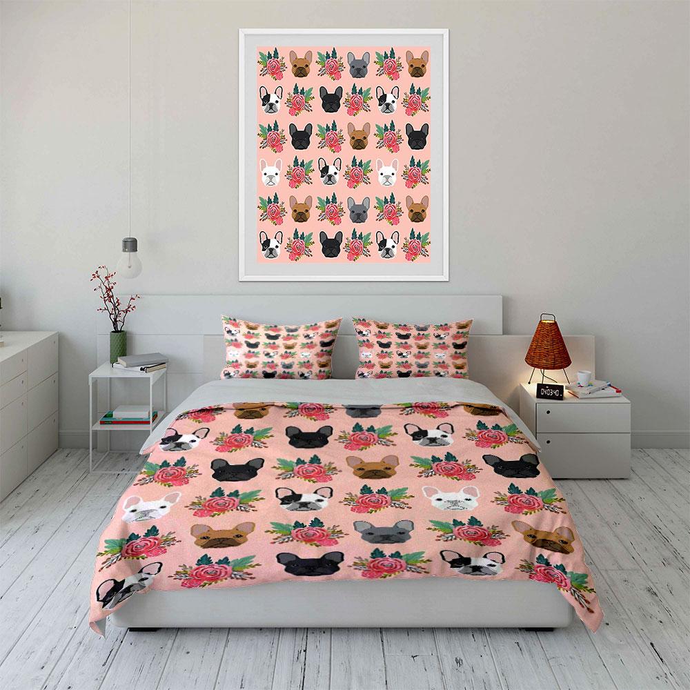 Set Copripiumino con Fantasia Floreale di Bulldog Francese Copripiumino Federe  (1*Copripiumino 2*Federe, senza piumino)