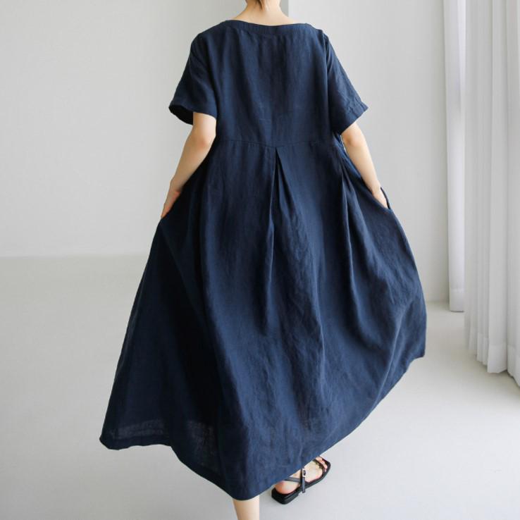 2024 Plus Size Cotton Linen Pullover Dress: Round Neck, Over-the-Knee, Preppy Mori Girl Style