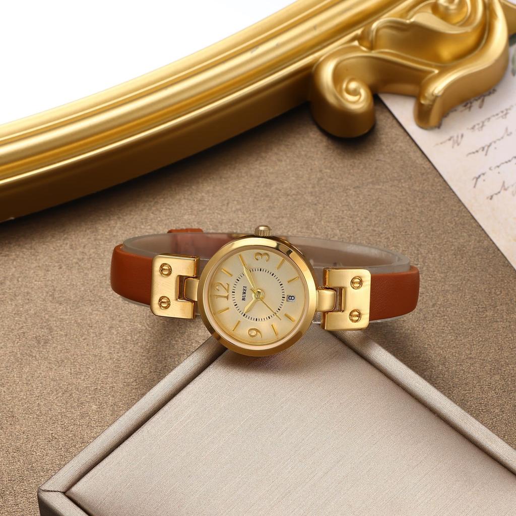 BUREI Analog Quartz Watch with Japanese Gold Lightweight and Slim Brown Leather Perfect for or Casual Perfect As a Gift Women's Battery, Waterproof,