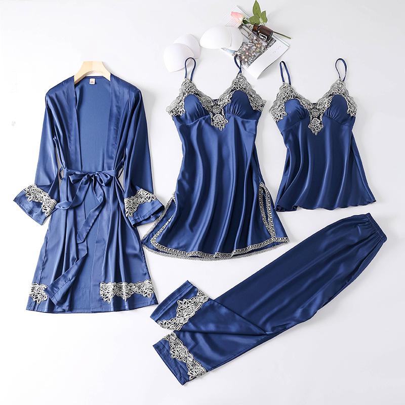 4 Pcs Suit Sexy Pajamas Women's Ice Silk With Chest Pad Suspender Nightgown Thin Pyjamas