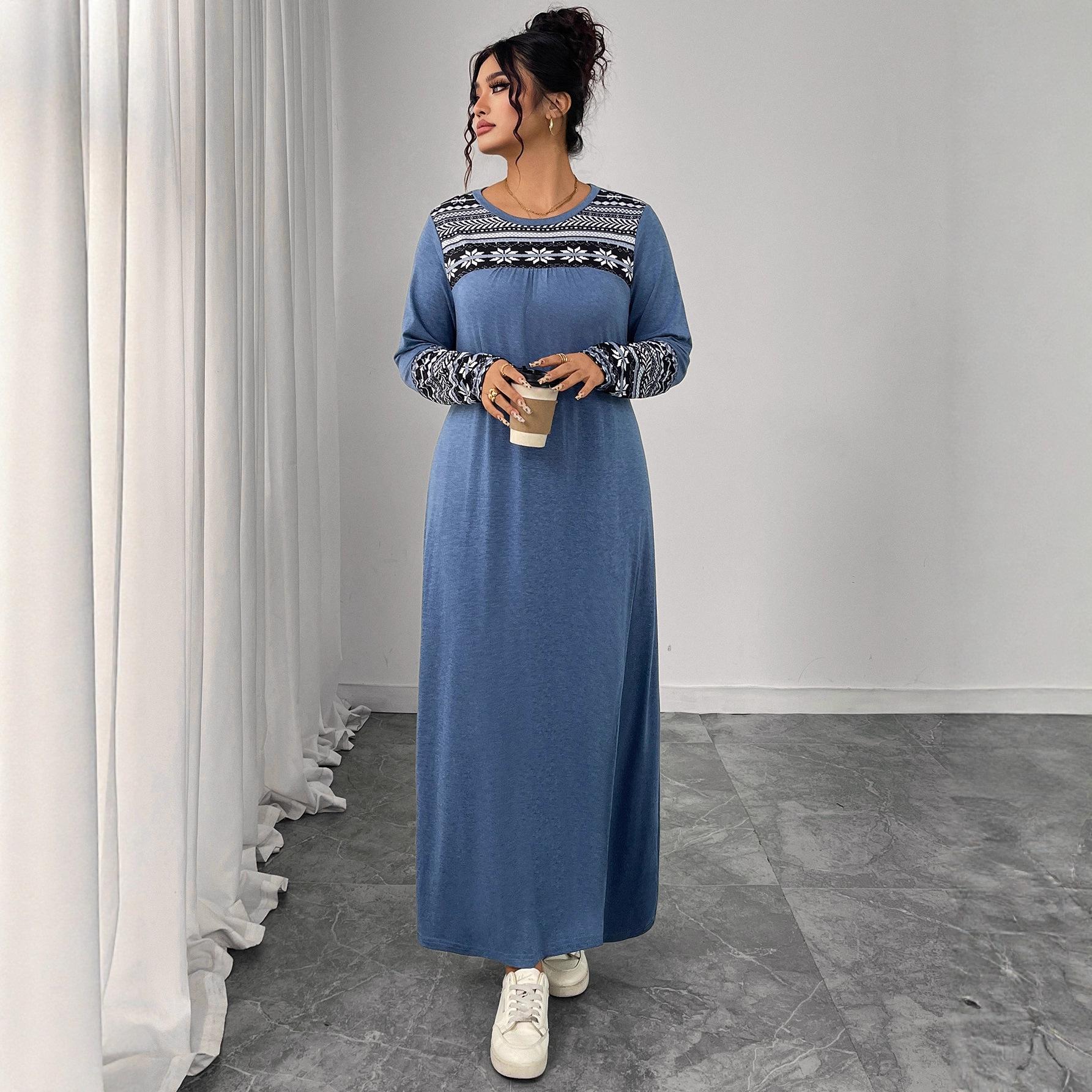 

Платье простого дизайна с принтом, с длинным рукавом, элегантное и универсальное, большого размера, с широким подолом и круглым вырезом. 4XL синий