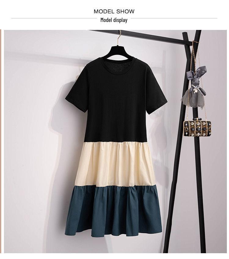 Summer Color Block Short Sleeve Maternity Dress Set - Over-the-Knee Design