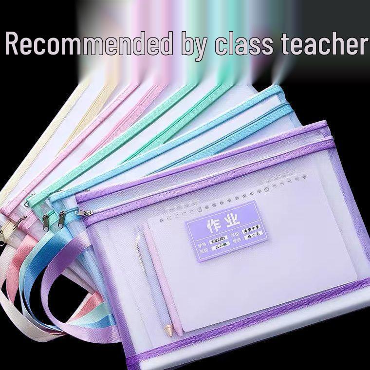 A4 Dual-Layer Zipper File Bag - Large Capacity Transparent Mesh Document Storage for Students 1 Small