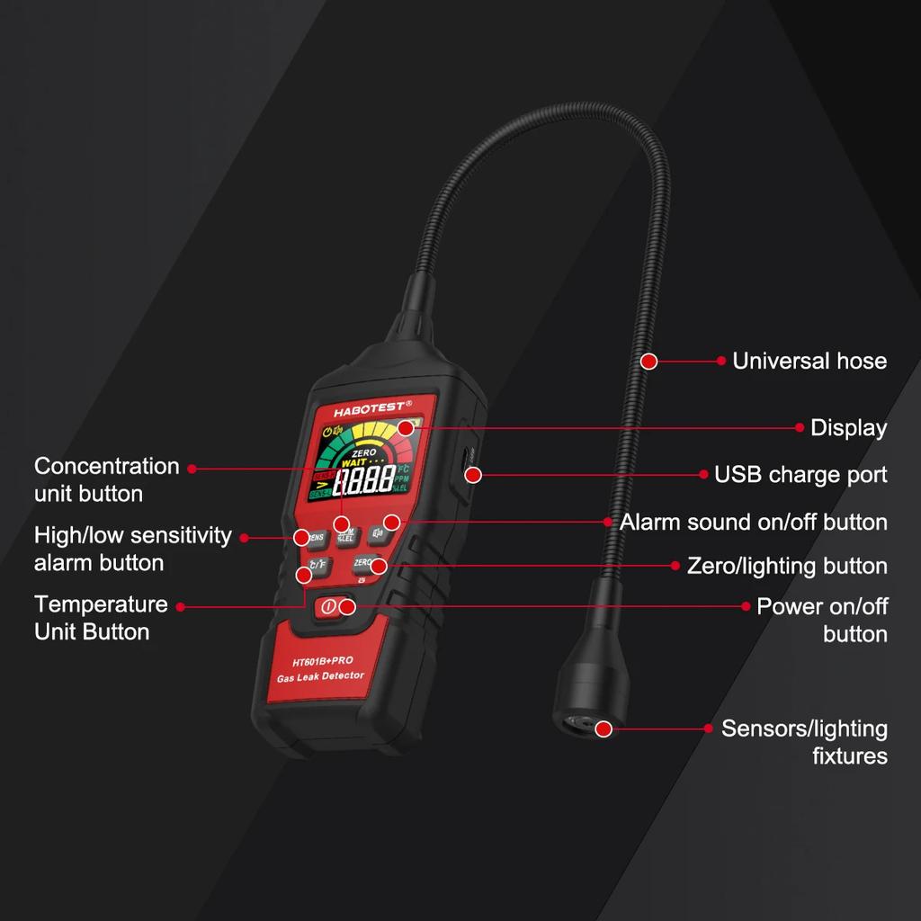 HABOTEST HT601B+PRO Gas Leak Detector 0-9999PPM Flexible probe Quick response Combustible Natural Methane Gas Detector
