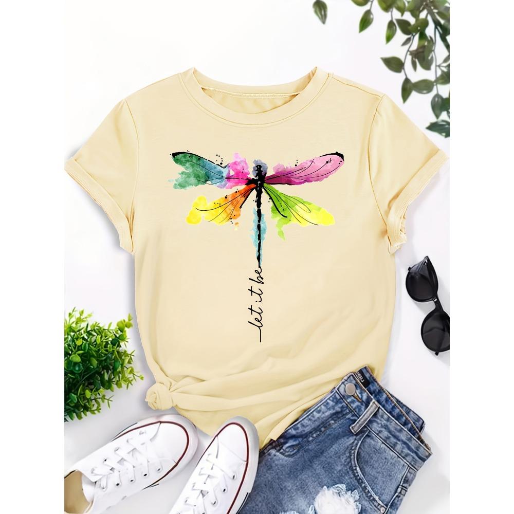 Dragonfly Print Round Neck T-shirt Casual Short Sleeved T-shirt