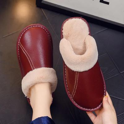 Zapatillas de casa de cuero genuino de marca para mujer, zapatillas peludas, zapatillas de interior cálidas para mujer