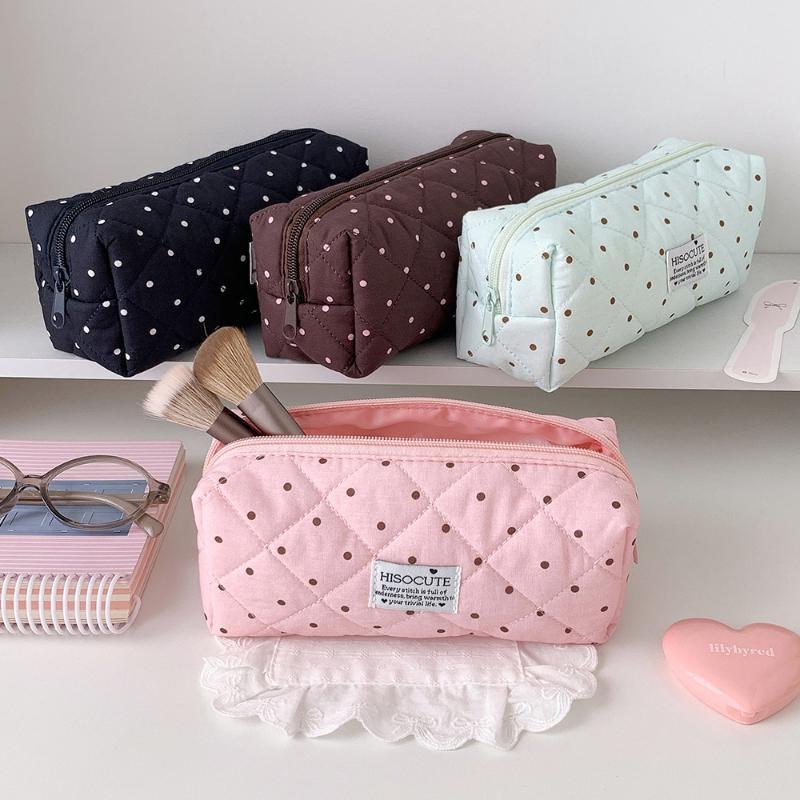 Canvas Polka Dot Pencil Case Cute Minimalist Stationery Pouch Portable Small Bag for Middle School Students Exam Use
