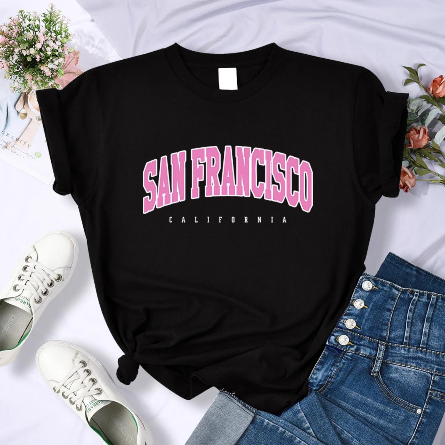 San francisco, California USA City Printing Tee Shirts Comfortable Loose T Shirts Breathable Hip Hop Tops Funny Women T-Shirt S чёрный