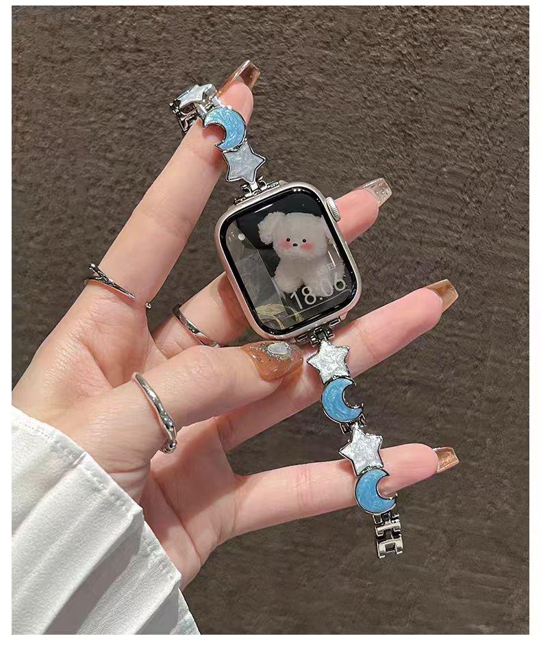 

Star Moon Quicksand Metal Strap for Apple Watch Series 10, iWatch SE Generation, Women s Style 14mm (without connector) серебряный