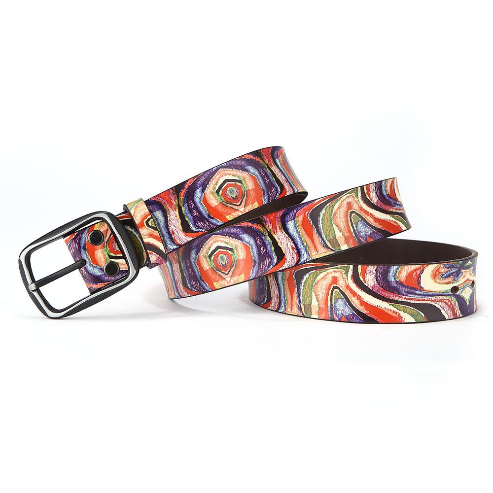 Pure Cowhide Printed Belt, Rainbow Graffiti Genuine Leather Personality European and American Decorative Belt