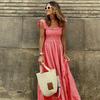Summer Women's Elegant Plaid Slip Maxi Long Dress  Women Strapless Ruffle Backless Pleated Elastic Waist Boho Party Swing Loose Dresses