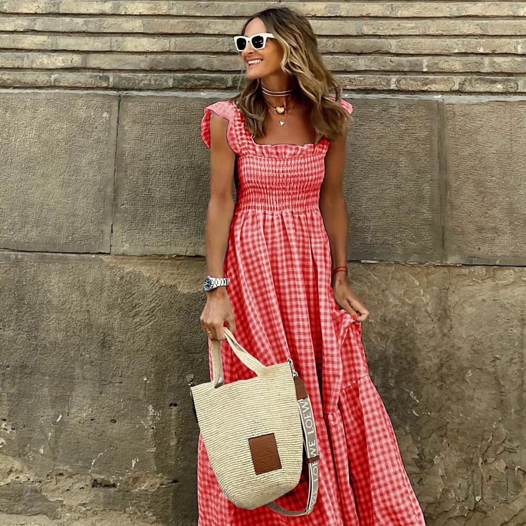 Summer Women's Elegant Plaid Slip Maxi Long Dress  Women Strapless Ruffle Backless Pleated Elastic Waist Boho Party Swing Loose Dresses