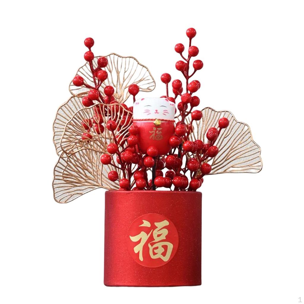 Chinese Flower Basket Ornament Arrangement Red Fruit Tree Celebration Bouquet for Festival