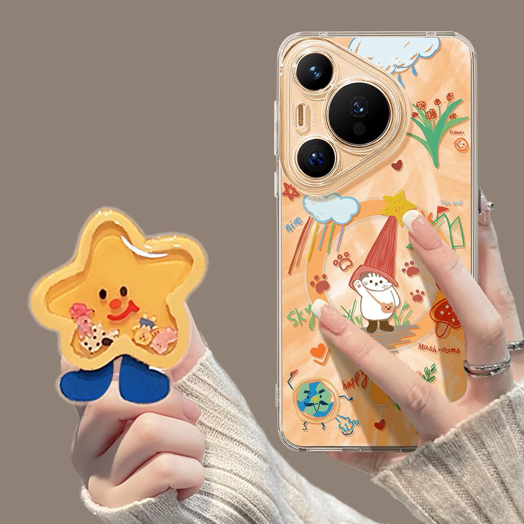 Mobile phone case with bracket is suitable for Huawei pura90promax graffiti cat 80ultra magnetic suction 70 + summer cover.