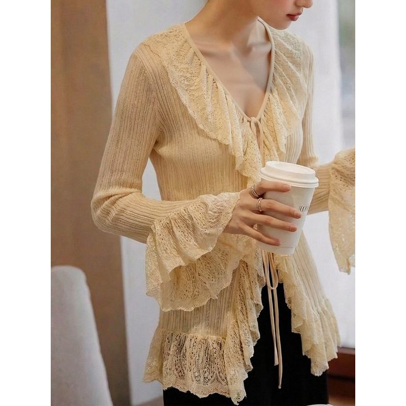 French-Style Lace Ruffle V-Neck Waist-Cinching Knitted Cardigan for Women, Elegant and Fashionable Apricot-Colored Top for Spring