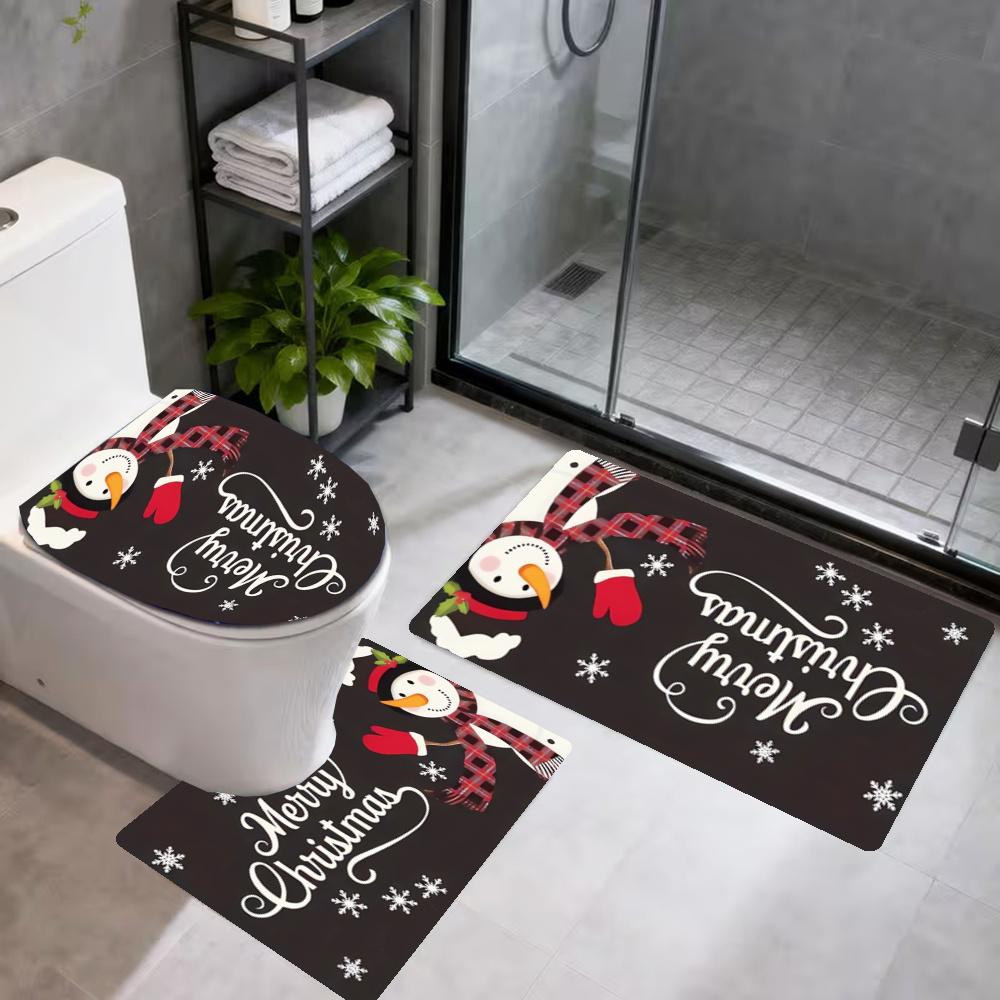 Christmas Bathroom 3Piece Flannel Mat Set Bath Mat Set Toilet Coverushaped Foot Pad Gift Bathroom Decor