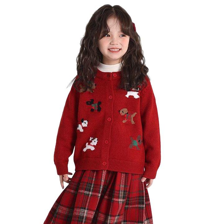 Świąteczny czerwony kardigan dziewczęcy z kreskówkowym motywem świątecznym - jesienny dzianinowy sweter-płaszcz.