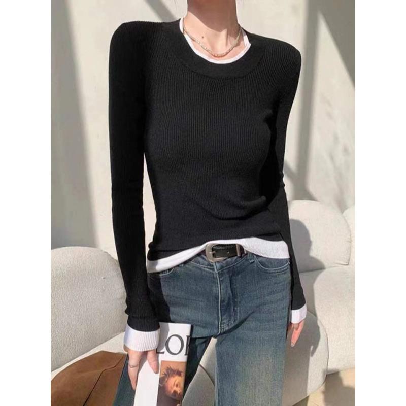 

Воротник контрастного цвета, фальшивый двухкомпонентный низ, трикотажный свитер, дизайнерский смысл, содержит шелковый шерстяной свитер, женский осенний свитер с длинным рукавом для ношения под низ 115 (90-57.5 kg) чёрный