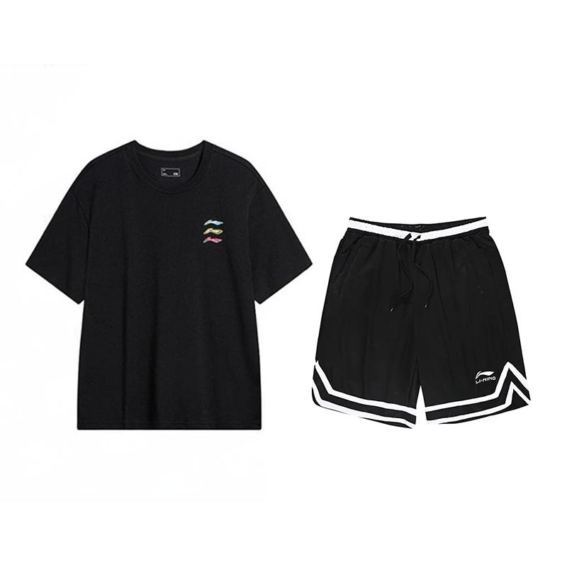 Li Ning Logo Print Round Neck Short Sleeve T-Shirt Versatile Striped Comfortable Shorts Casual Sports Suit Unisex suit Black YHSV371-1+YAPV001-1