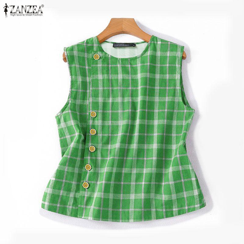 ZANZEA Women Casual Round Neck Summer Sleeveless Plaid Tank Tops