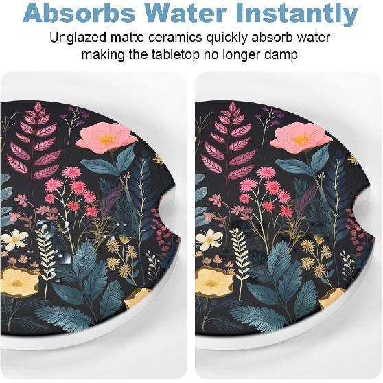 2 Pack Car Cup Holder Coasters, 2.63 Inch Anti Slip Ceramic Absorbent Coaster with Cork Base and Finger Notch, Cute Car Accessories Interior for