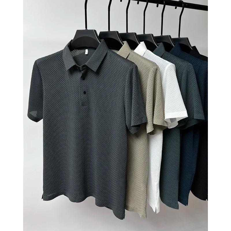 Camiseta Polo Masculina de Verão Lop-up Vazada de Manga Curta Seda Gelada Respirável Moda Business Camiseta Roupas de Marca Masculina
