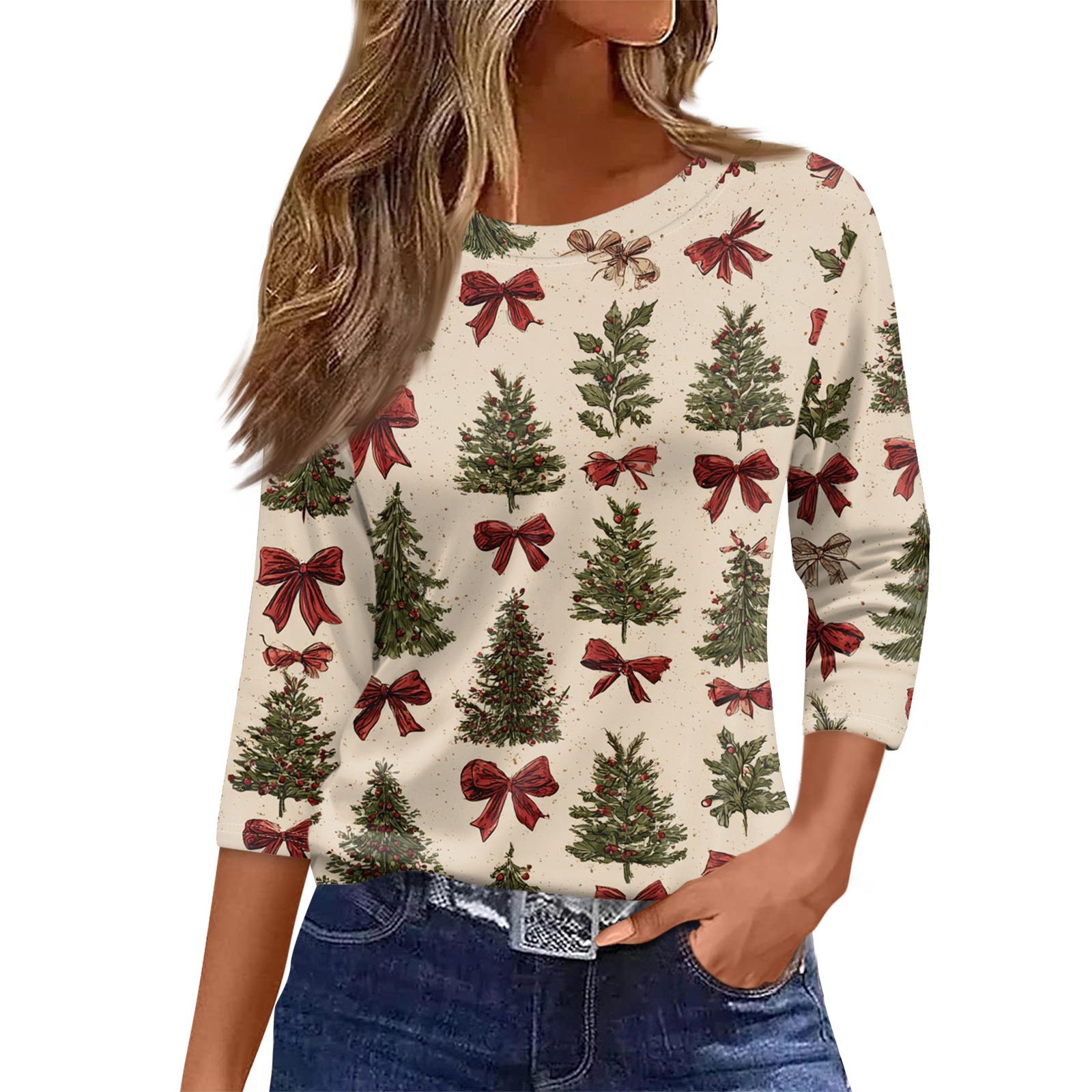 

Женский топ с круглым вырезом и рукавом 3/4 с рождественским принтом L бежевый