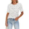 Women Tops Round Neck Puff Short Sleeve Hollow Lace Pullover Tops Solid Color Loose Fit Summer T-shirt