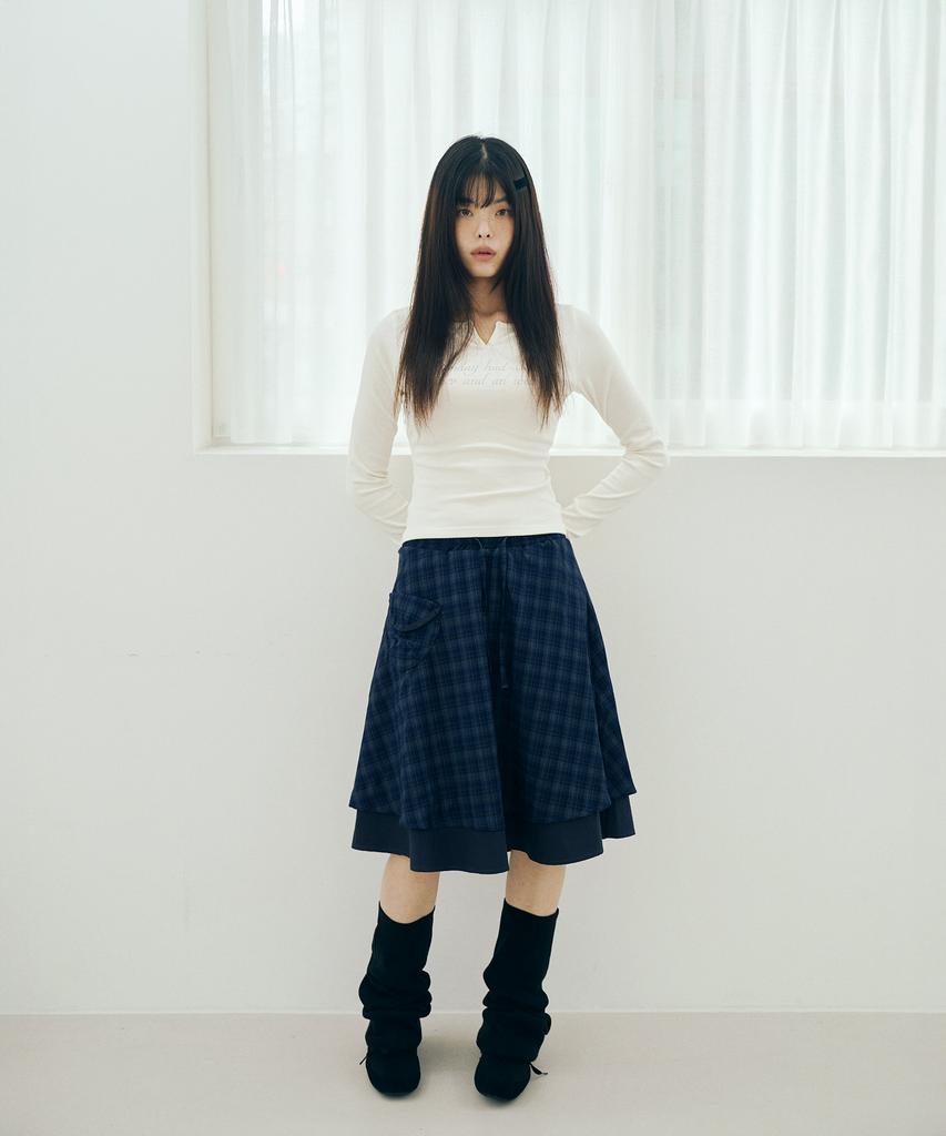 Mihebeu Check Pocket Midi Skirt Navy
