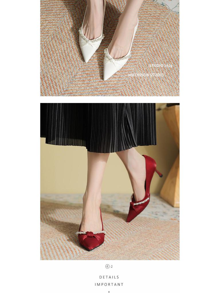 BEIJIANI 3356-1 Knotenperle Xiuhe Satin Hochzeits-Stilettos für Damen