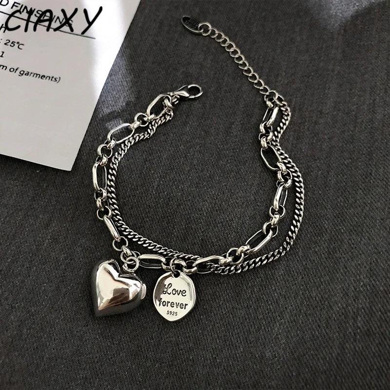 925 Sterling Silver Love Heart Letter Double Layer Bracelets for Women Vintage Design Thai Silver Luxury Jewelry Gift