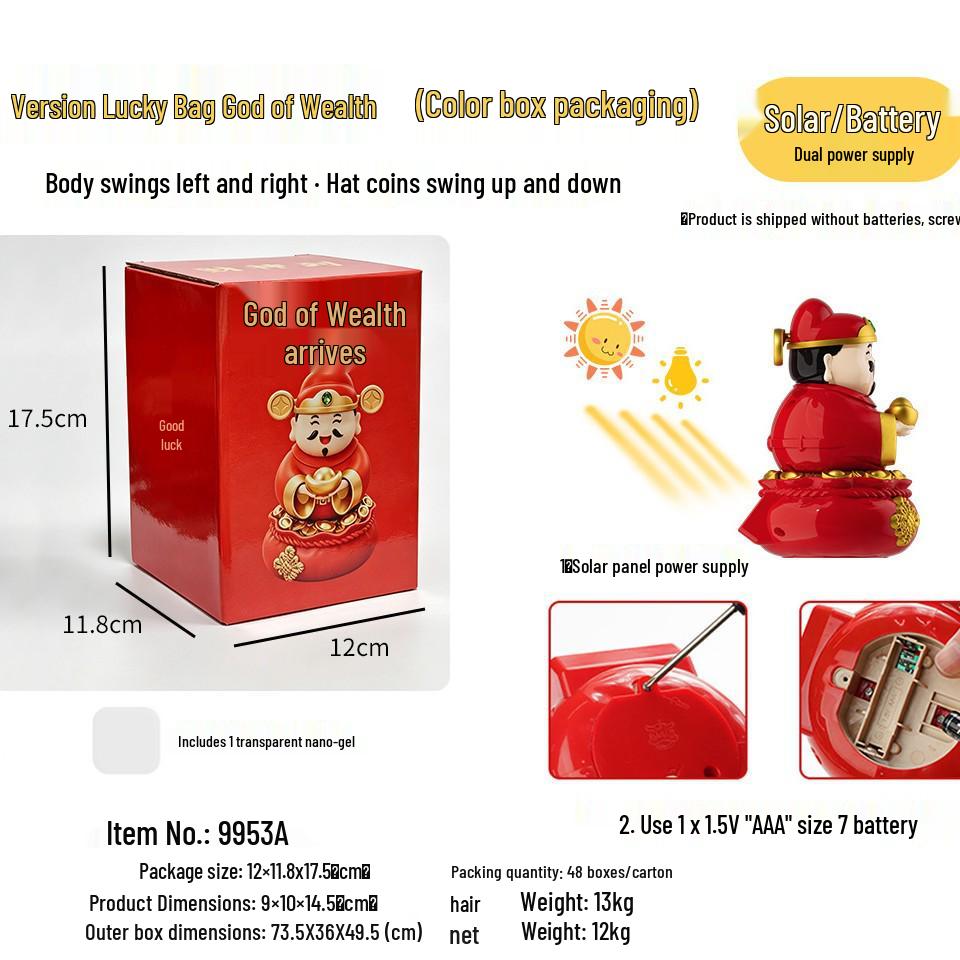 Solar-Powered Fortune God Waving Ornament - Stress Relief & Festive Charm for Car or Office, Perfect Birthday Gift