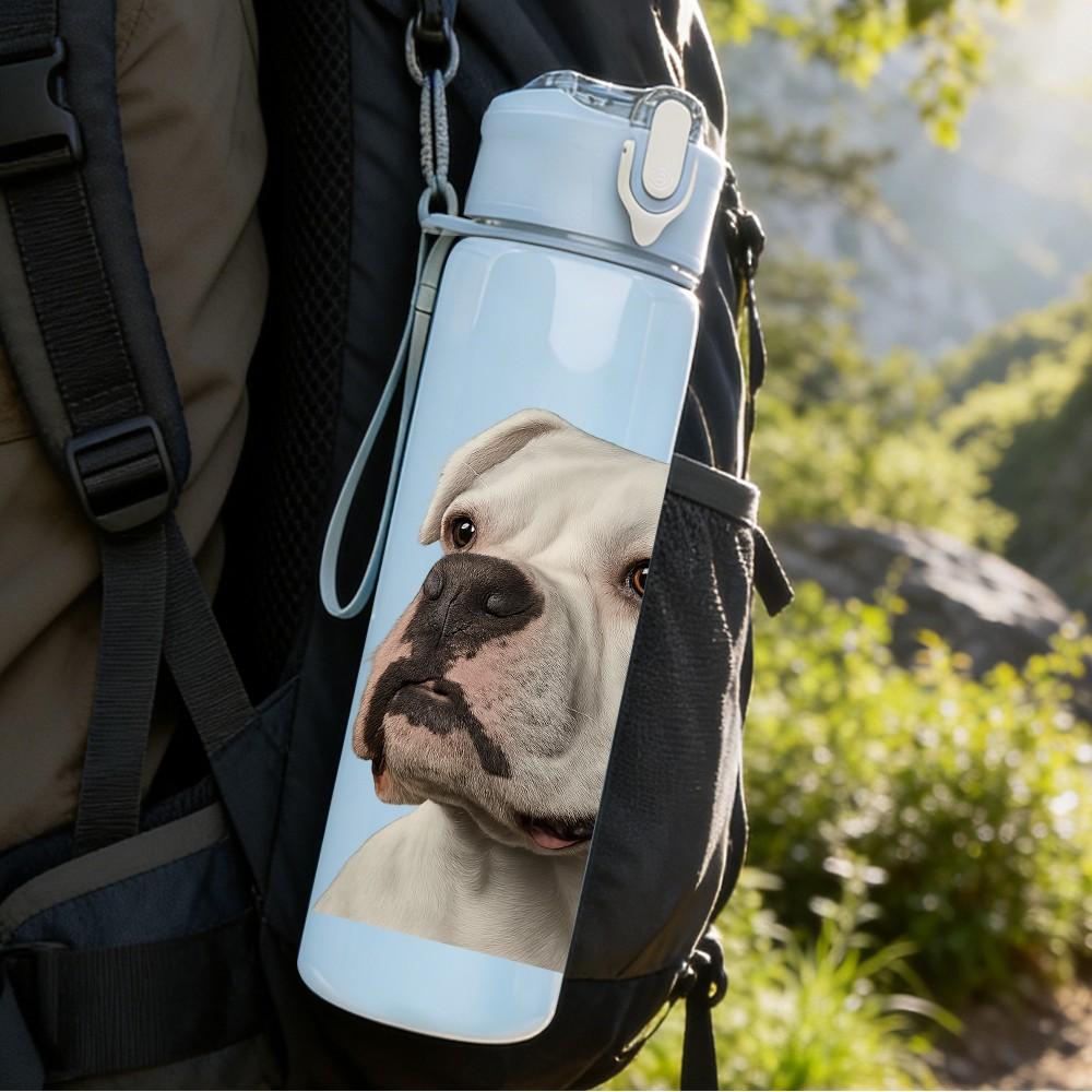 1PC Strong White Bulldog Face 750ml Color Plastic Sports Water Bottle Leakproof Flip Straw Lid Suitable for Sports Office Home Use