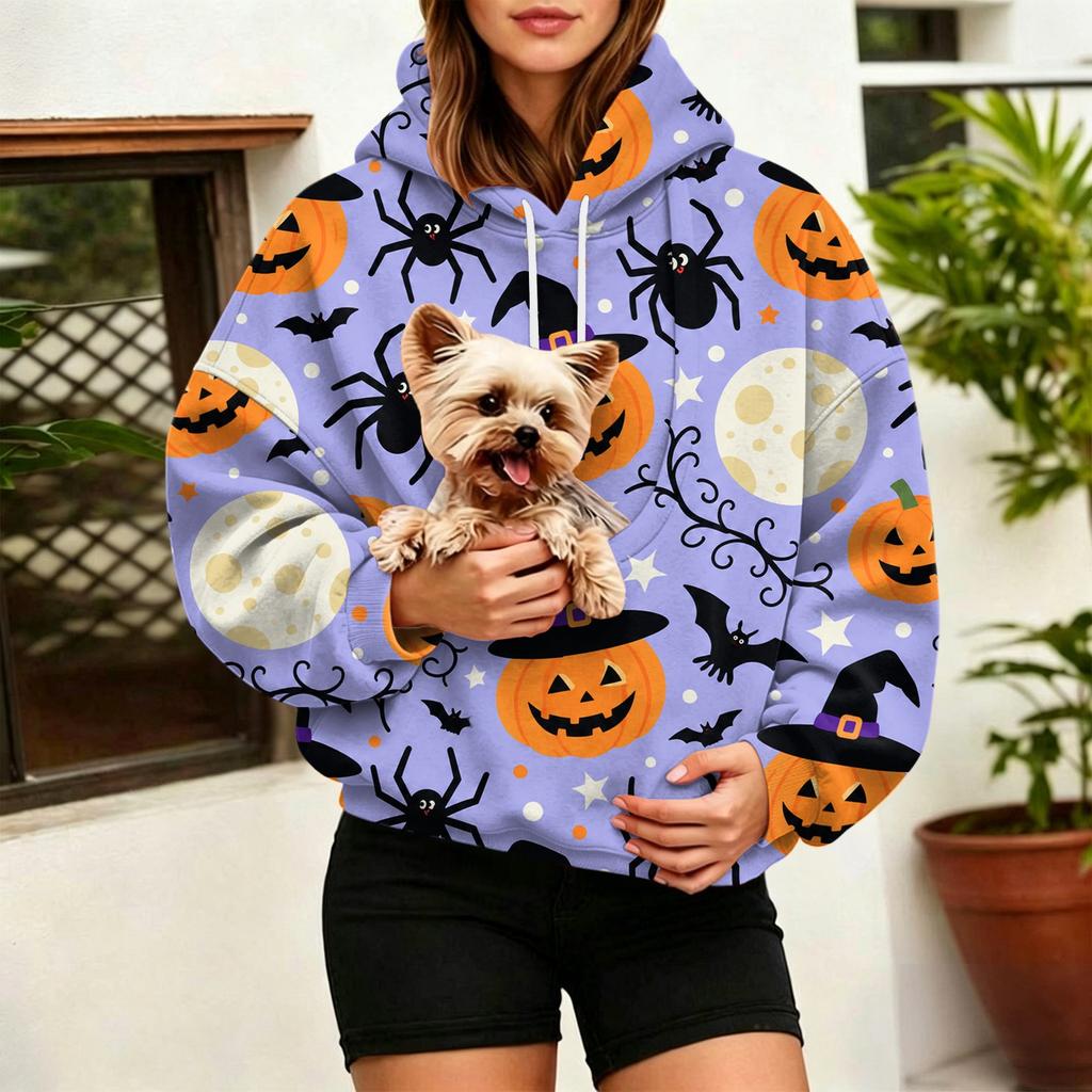 Damen Halloween Print Hoodie mit großer Haustier-Tasche für Herbst und Winter Freizeitkleidung