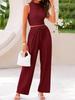 Women's Olive Green Sleeveless High Neck Crop Top with Wide Leg Pants Two-Piece Set