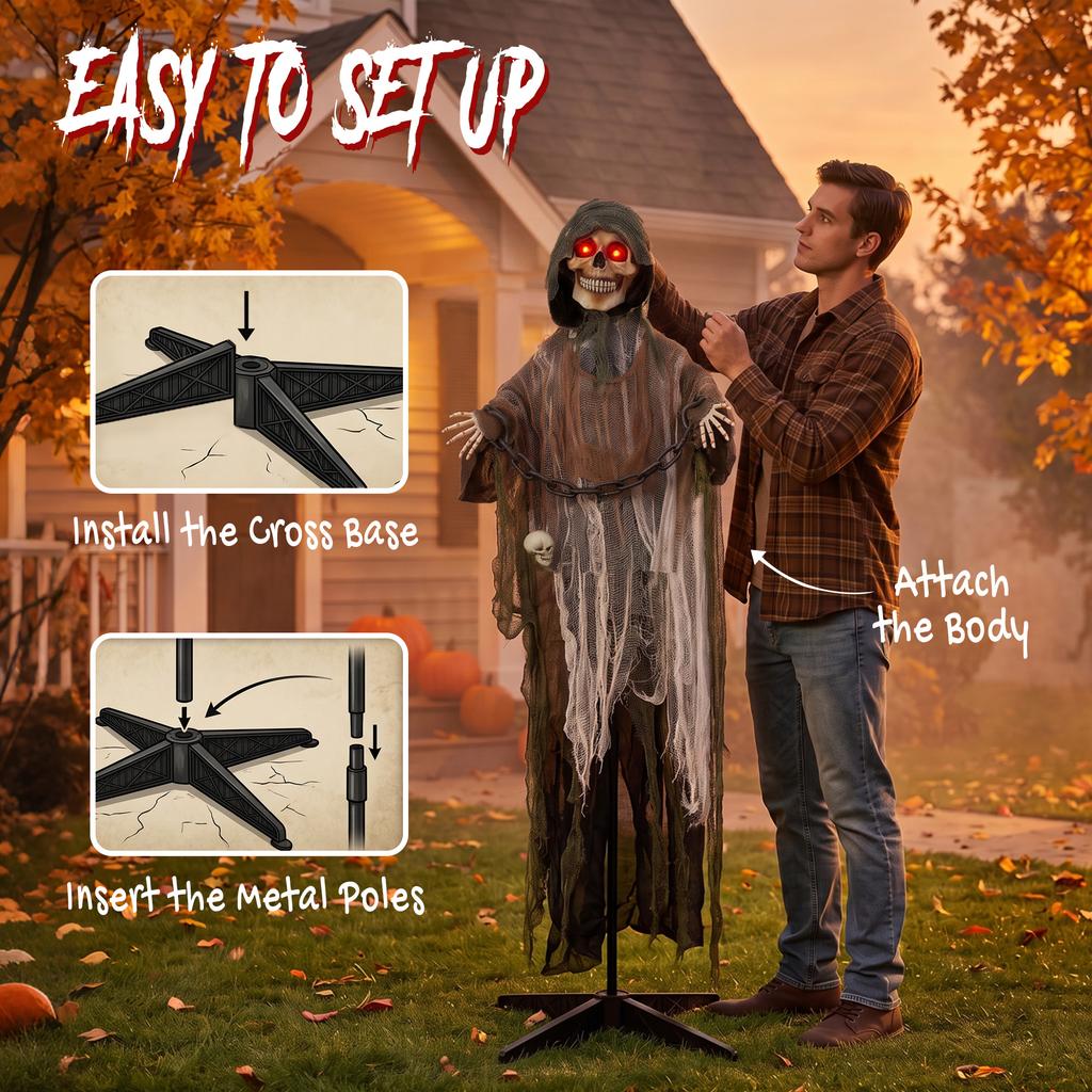 170cm Animated Grim Reaper, Life-Size Halloween Animatronic with Moving Hands/Head, Glowing Eyes, Creepy Sound