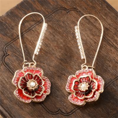 Women'S Earrings - Red Flower Design, Perfect For Parties And Banquets.