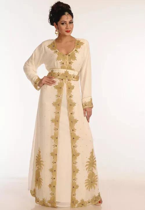 Moroccan Georgette Dubai Off White Abaya Wedding Fancy Party Festive Gown Dress