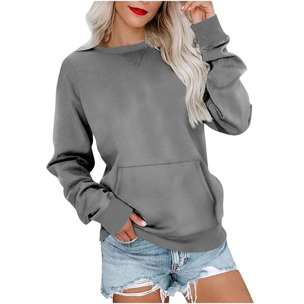 Women's Casual Fashion Comfortable Long Sleeve Solid Color Round Neck Pocket Sweater Tops