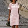 Women's Summer Beach Short Dresses Short Sleeve Round Neck Lace Mini Dress Casual Loose Cotton Linen Sundress