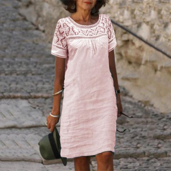 Women's Summer Beach Short Dresses Short Sleeve Round Neck Lace Mini Dress Casual Loose Cotton Linen Sundress