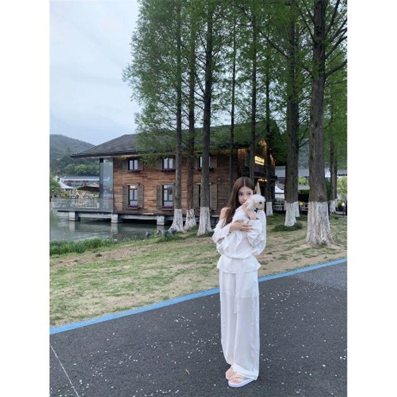 Kumikumi Idle Style Suit Loose Pure Color Oblique Shoulder Long Sleeves T-shirt Women Autumn High Waist Casual Pants Two-piece Set