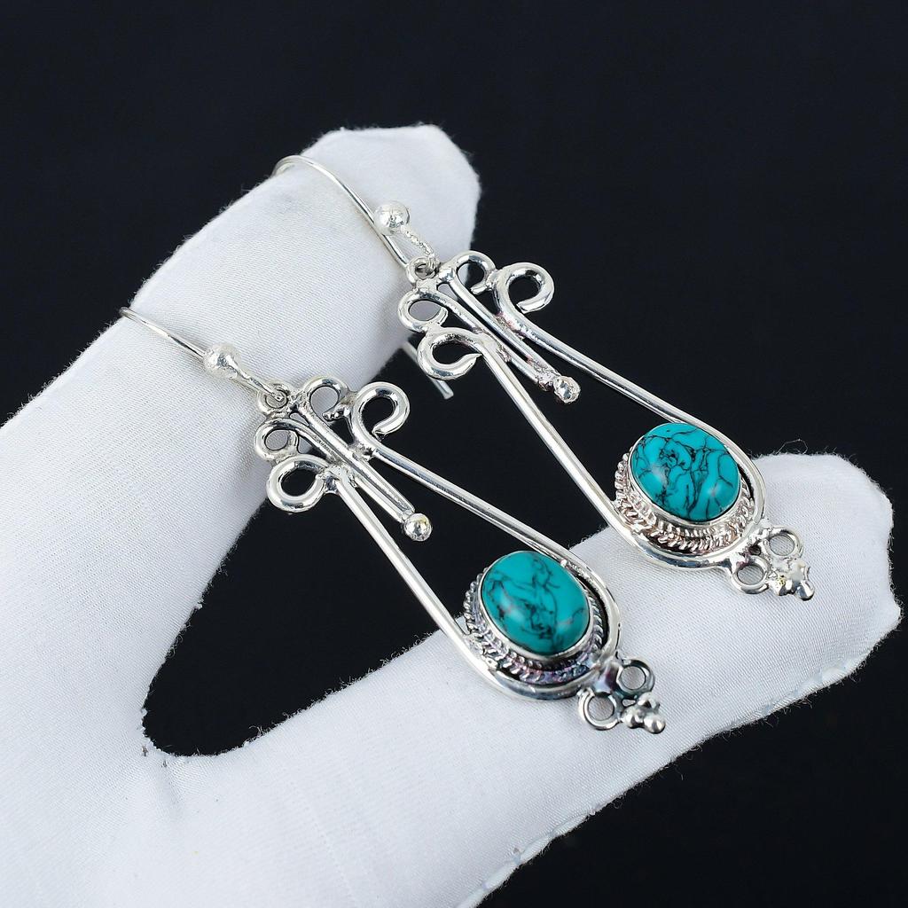 Natürliche Türkis Edelstein Ohrringe, 925 Sterling Silber Ohrringe, Handgemachte Boho Silber Schmuck Ohrhänger, Watte Geschenke