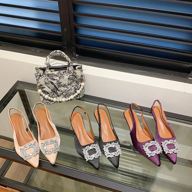 Summer Women Sandals Pointed Toe Shallow Nude Pink Diamond Shoes Low Heel Back Strappy Shoes Women Dress Shoes