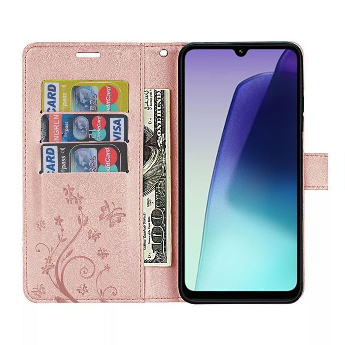 Coque pour Xiaomi Redmi 14C, Protection Anti-Rayures Antichoc Synthécuir Motif Floral Papillon - Rose